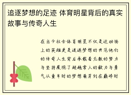 追逐梦想的足迹 体育明星背后的真实故事与传奇人生