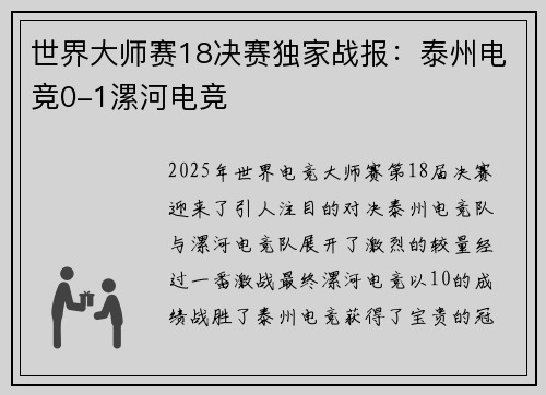 世界大师赛18决赛独家战报：泰州电竞0-1漯河电竞